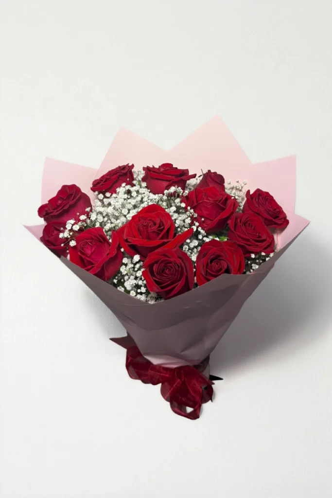 Ramo de 12 rosas rojas con follaje envueltas en papel coreano coreano con moño rojo.