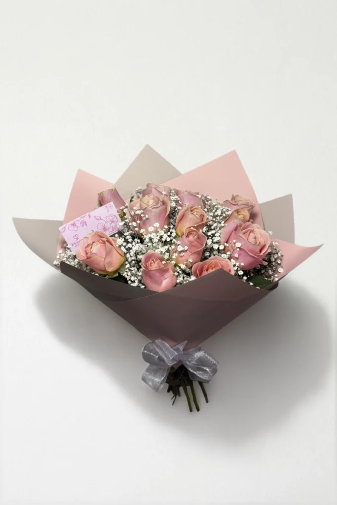 Ramo de 12 rosas rosas con follaje envueltas en papel coreano coreano con moño rojo.
