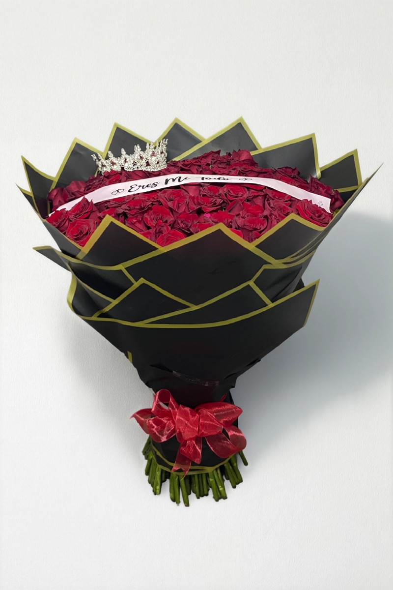 Ramo de 100 rosas rojas con liston y corona: imagen 3