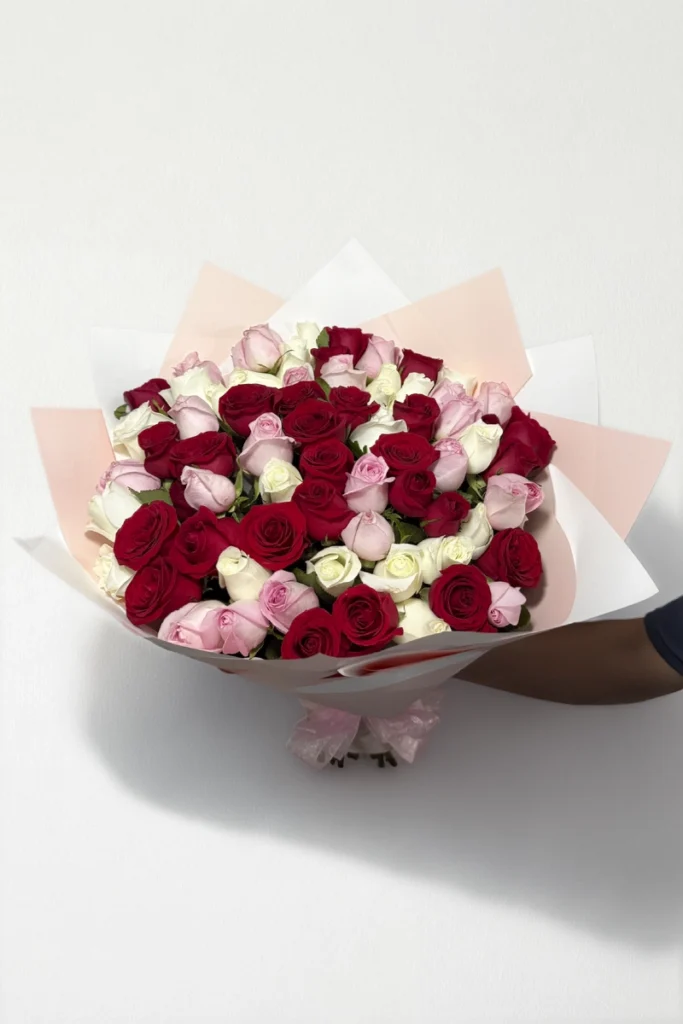 Ramo de 50 rosas rojas, rosas y blancas