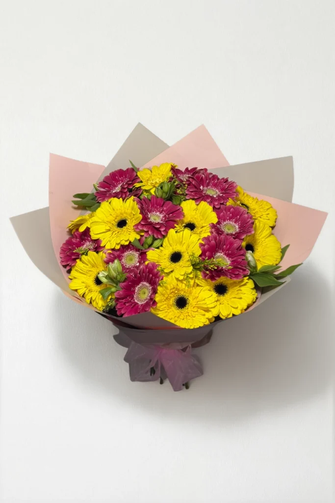 Ramo de 20 gerberas amarillas y fucsia