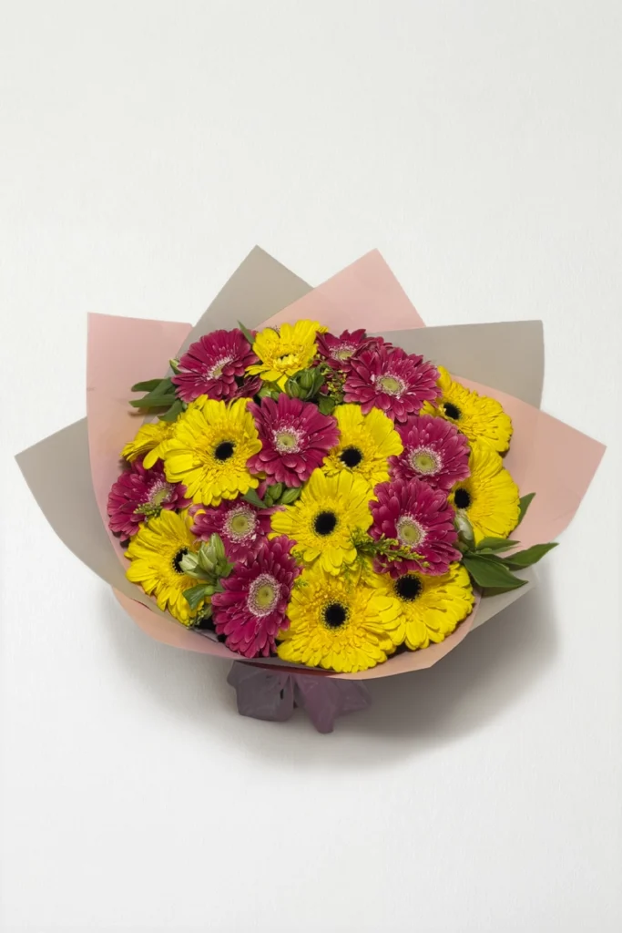 Ramo de 20 gerberas amarillas y fucsia