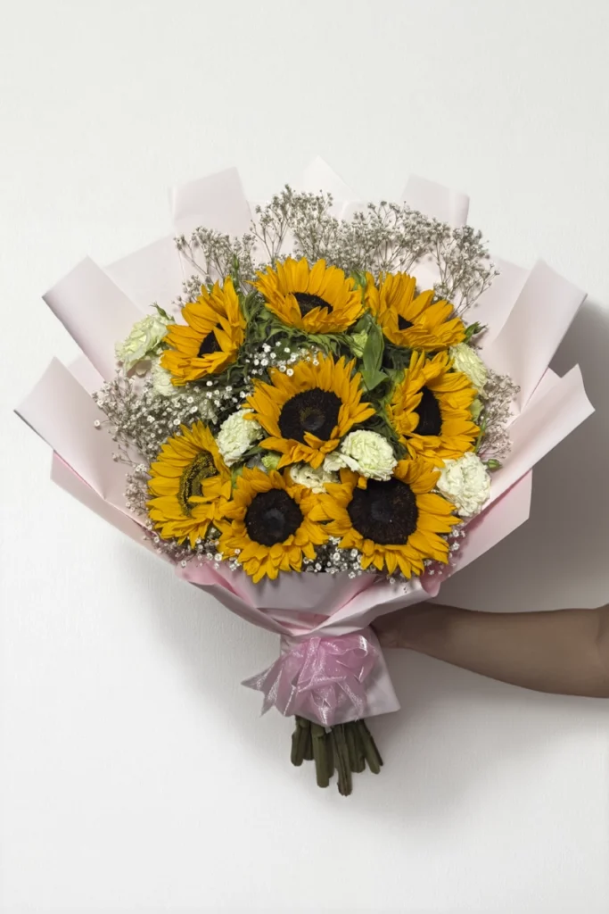 Ramo de 10 girasoles con lisianthus
